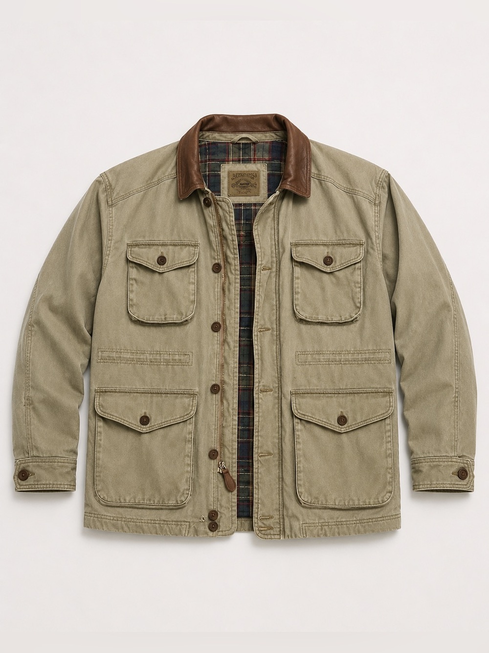 Bass Heavy Duty Khaki Cotton Canvas Field Jacket with Brown Leather Collar - L